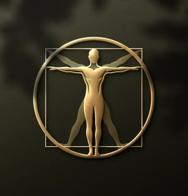 Símbolo dourado do Atelier inspirado no Homem Vitruviano